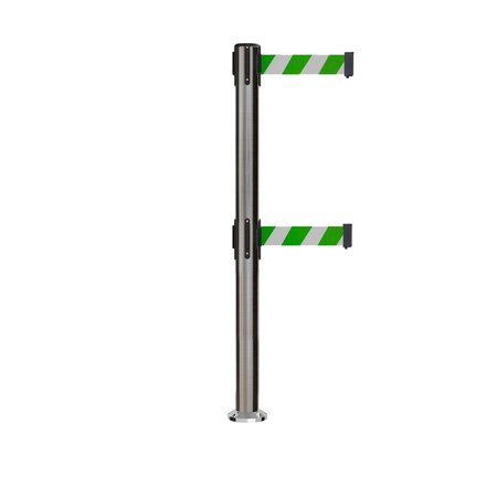 MONTOUR LINE Stanchion Dual Belt Barrier Fixed Base Sat.Steel Post 9ft.Grn/Wh Belt MX630DF-SS-GWD-90